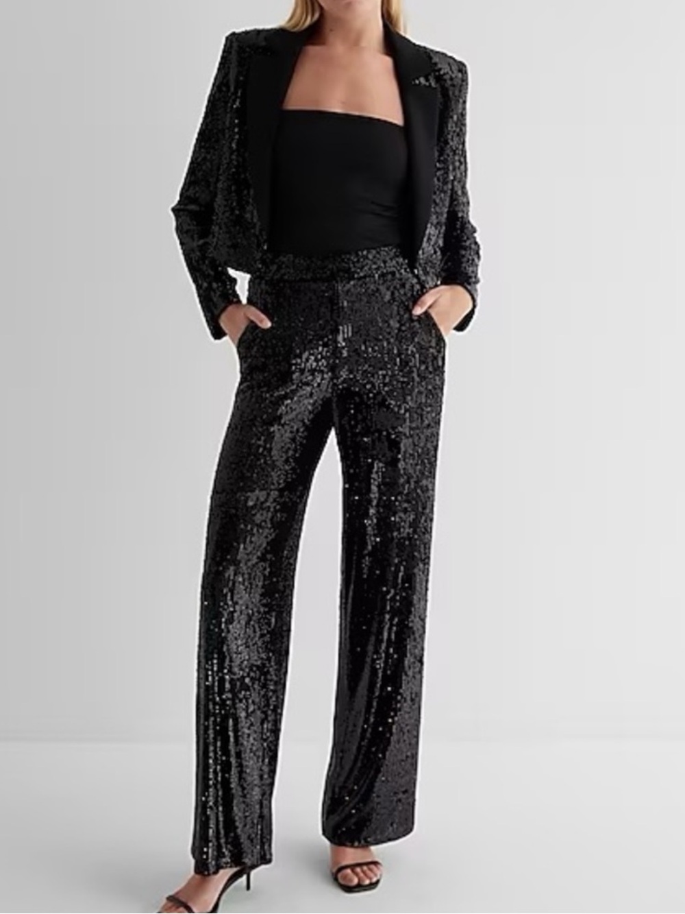 NWT Express Black Sequin Wide Leg Pants With Pockets